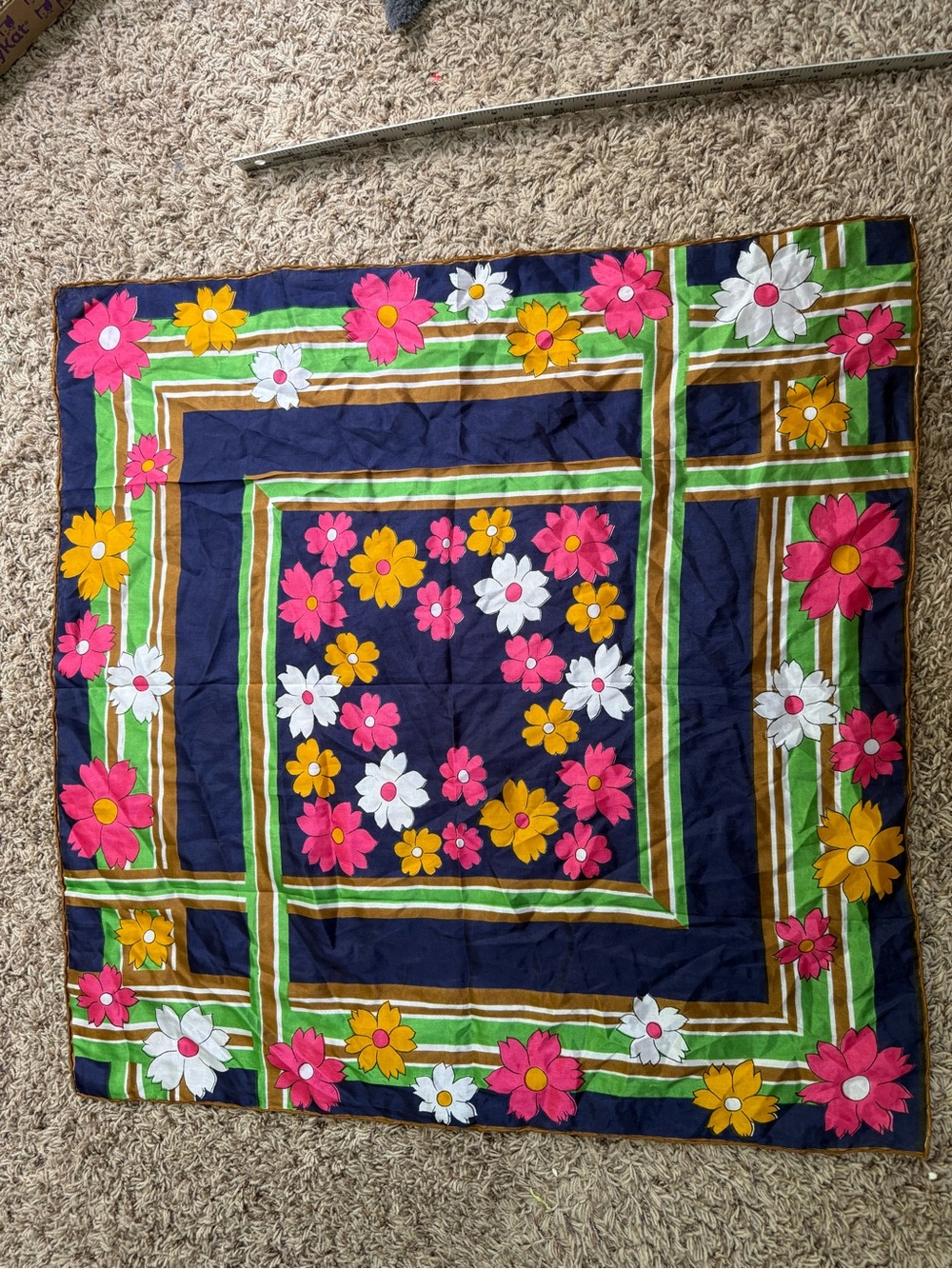 Vintage 70s -Mod Silk Scarf “Flower Power” Daisy Print -Hand Rolled